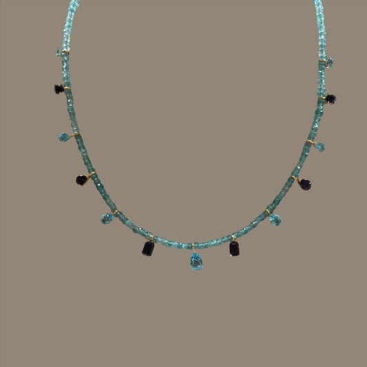 Swiss Blue Topaz & Iolite Gemstone Necklace on Apatite Beaded Chain