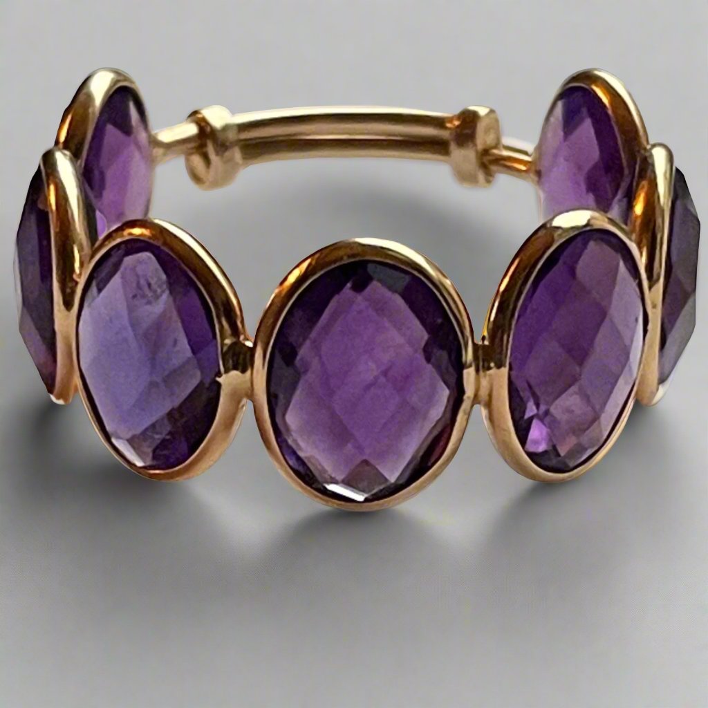 18K Gold Amethyst Oval Checker Cut Ring