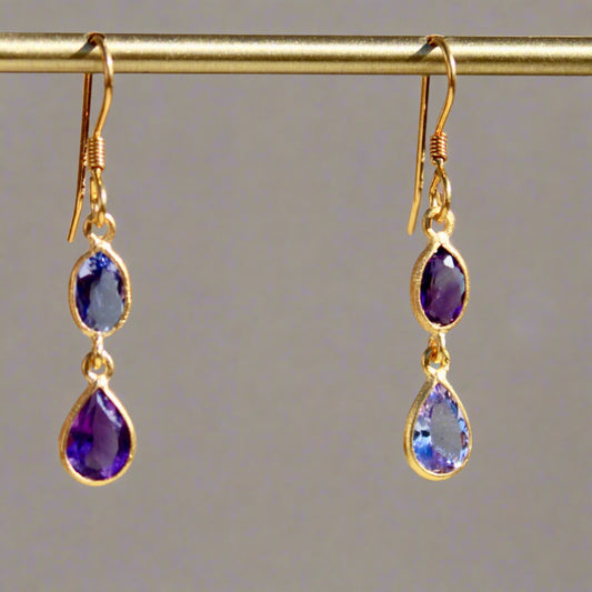 Amethyst & Tanzanite Two Stone Asymmetrical Dangle Earrings