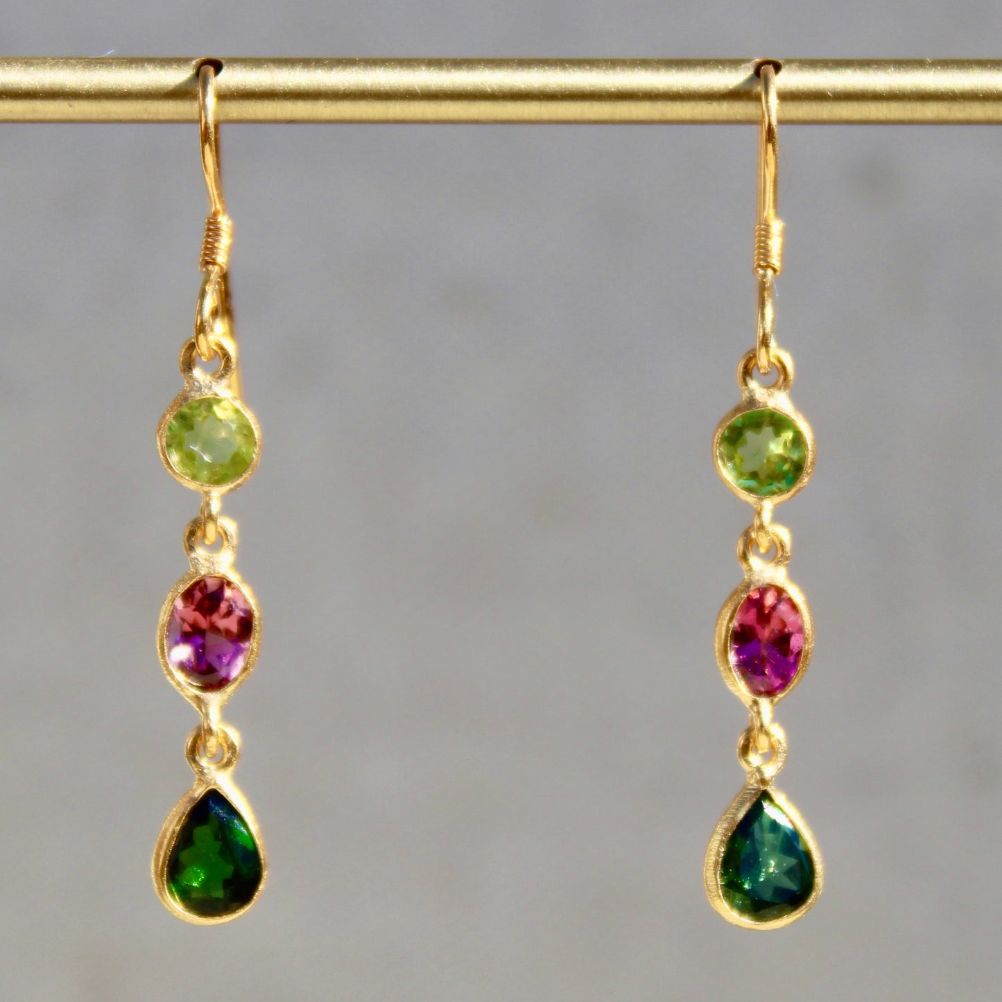 Peridot & Tourmaline Three Stone Dangle Earrings