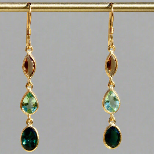 Citrine & Green Tourmaline Three Stone Dangle Earrings