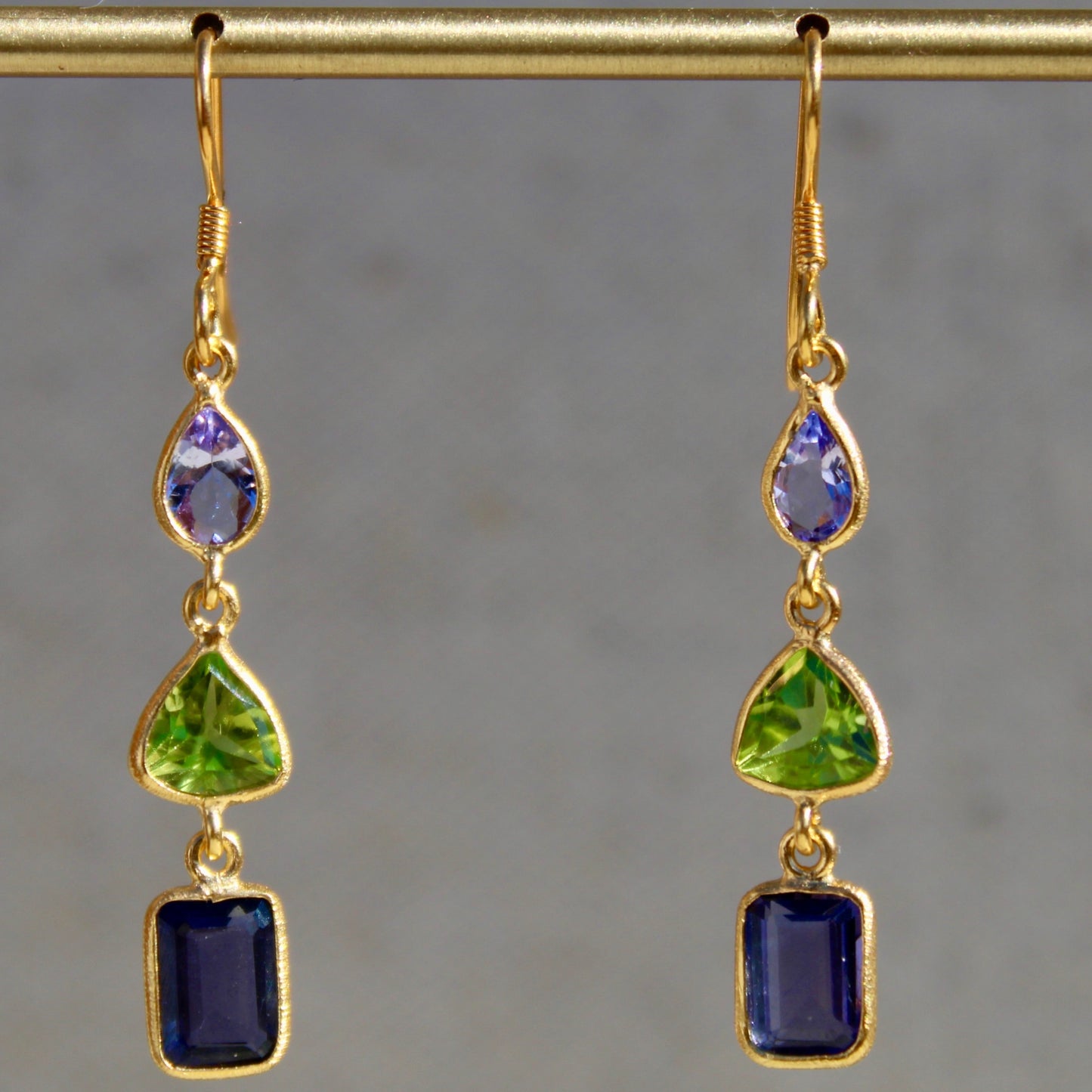 Tanzanite, Peridot & Iolite Three Stone Dangle Earrings