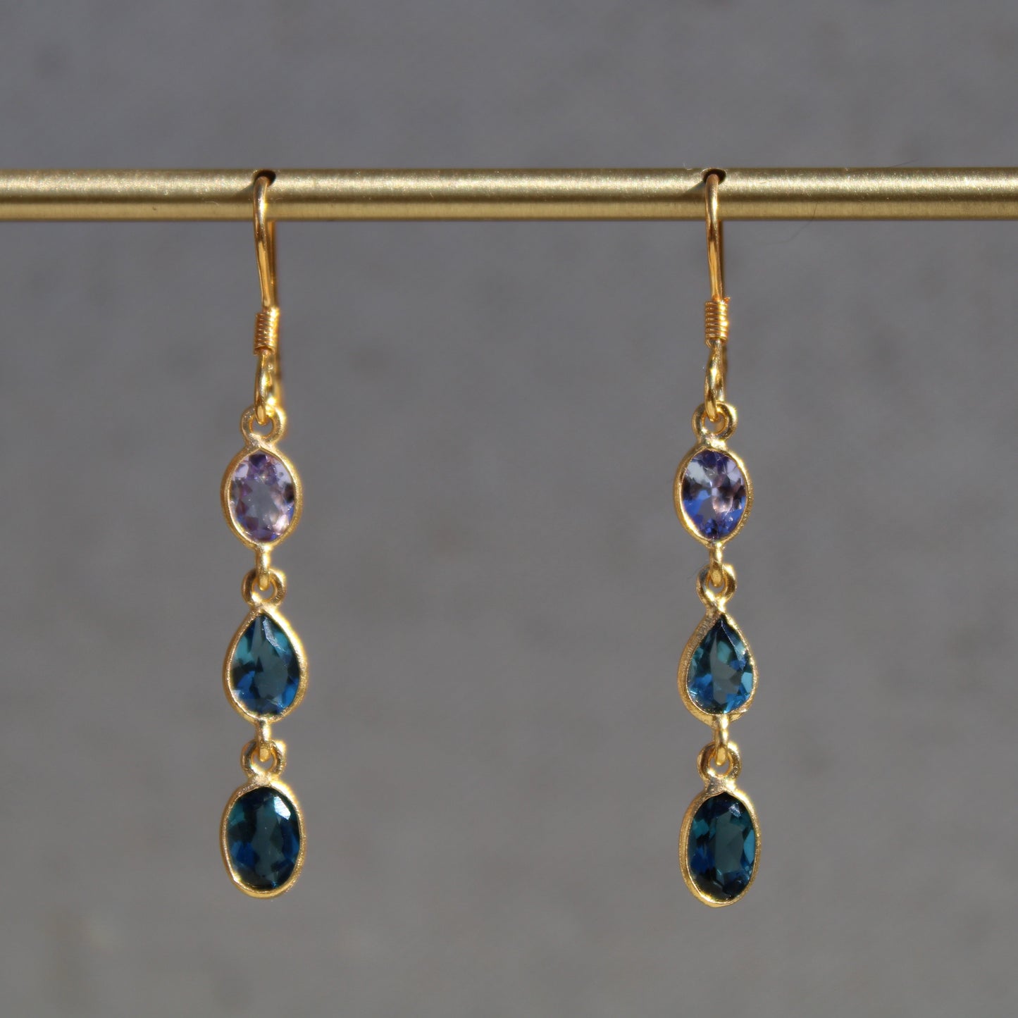 Tanzanite & London Blue Topaz Three Stone Dangle Earrings