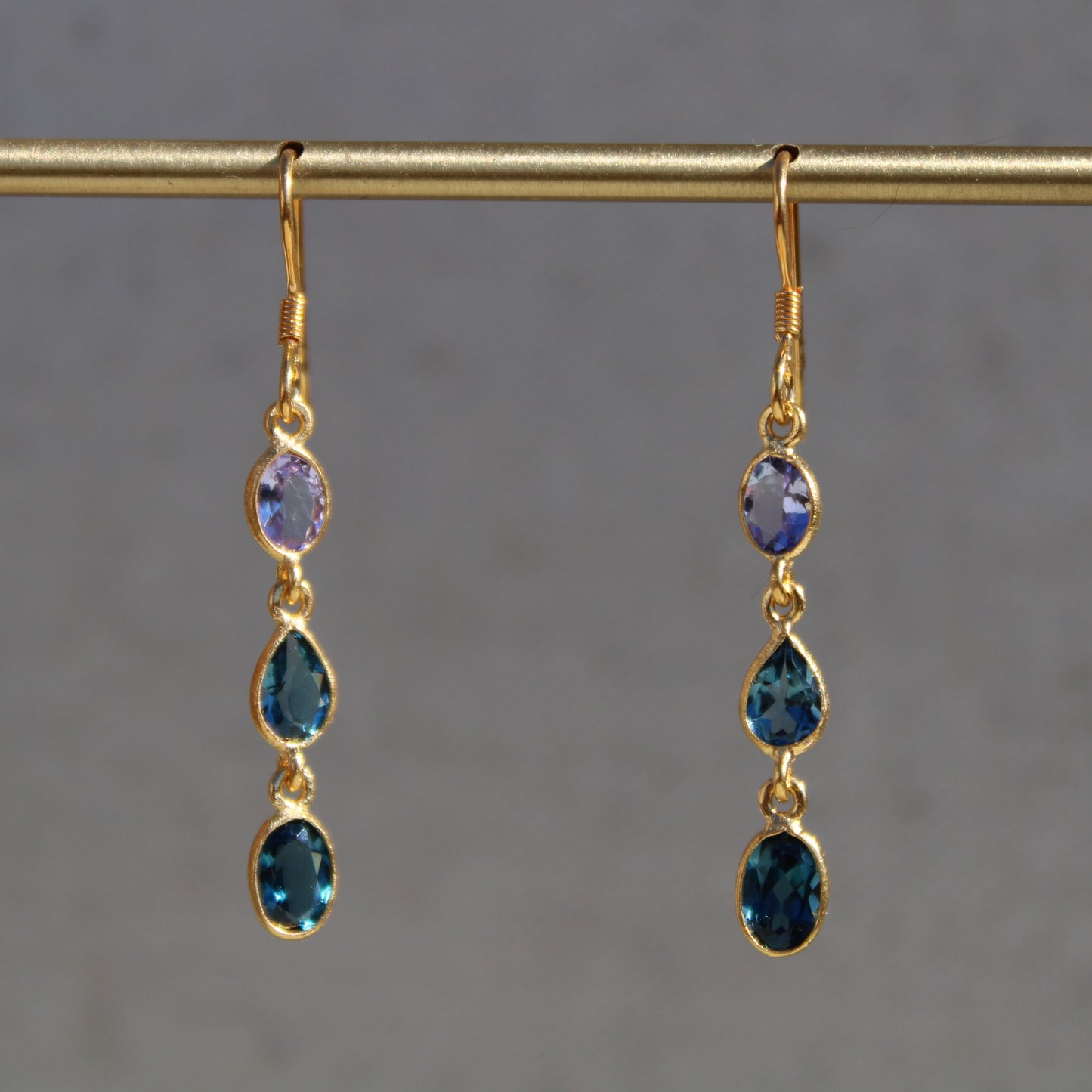 Tanzanite & London Blue Topaz Three Stone Dangle Earrings