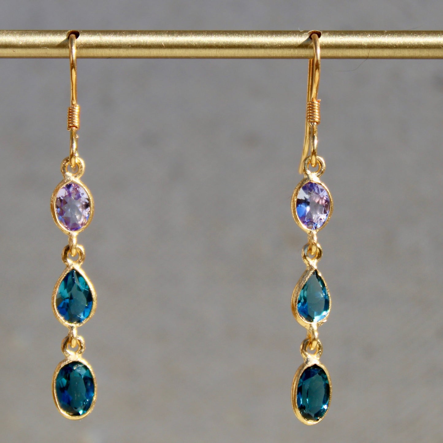 Tanzanite & London Blue Topaz Three Stone Dangle Earrings