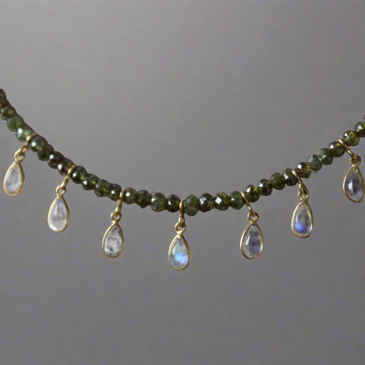 Diamond Bead & Rainbow Moonstone 18K Gold Necklace